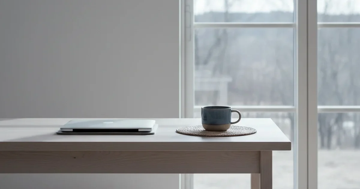 Lugnt skandinaviskt rum med ett rent ljust bord och en kaffekopp vid ett ljust fönster — så fungerar affiliatelänkar och hur Kravflyg finansieras