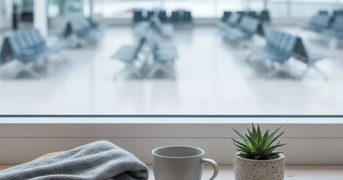 Stilla stilleben på en fönsterbänk i en ljus, lugn flygplatsterminal — en kaffekopp och en liten krukväxt framför tomma väntsalsstolar