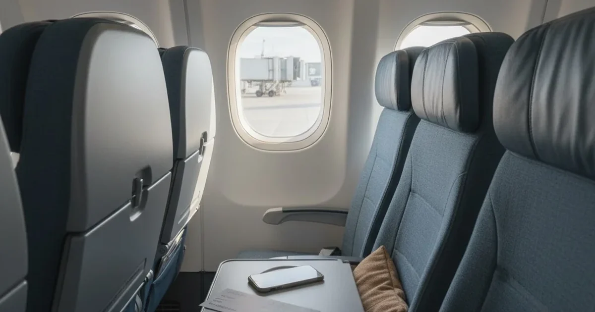 Lugn vy i en tom flygplanskabin vid gaten — ett boardingkort och en telefon på serveringsbordet, en balanserad recension av AirHelp
