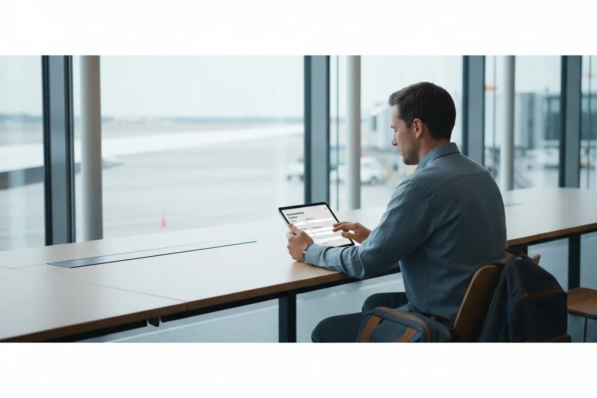A passenger calmly filling in a passenger rights form on a tablet in a bright airport terminal