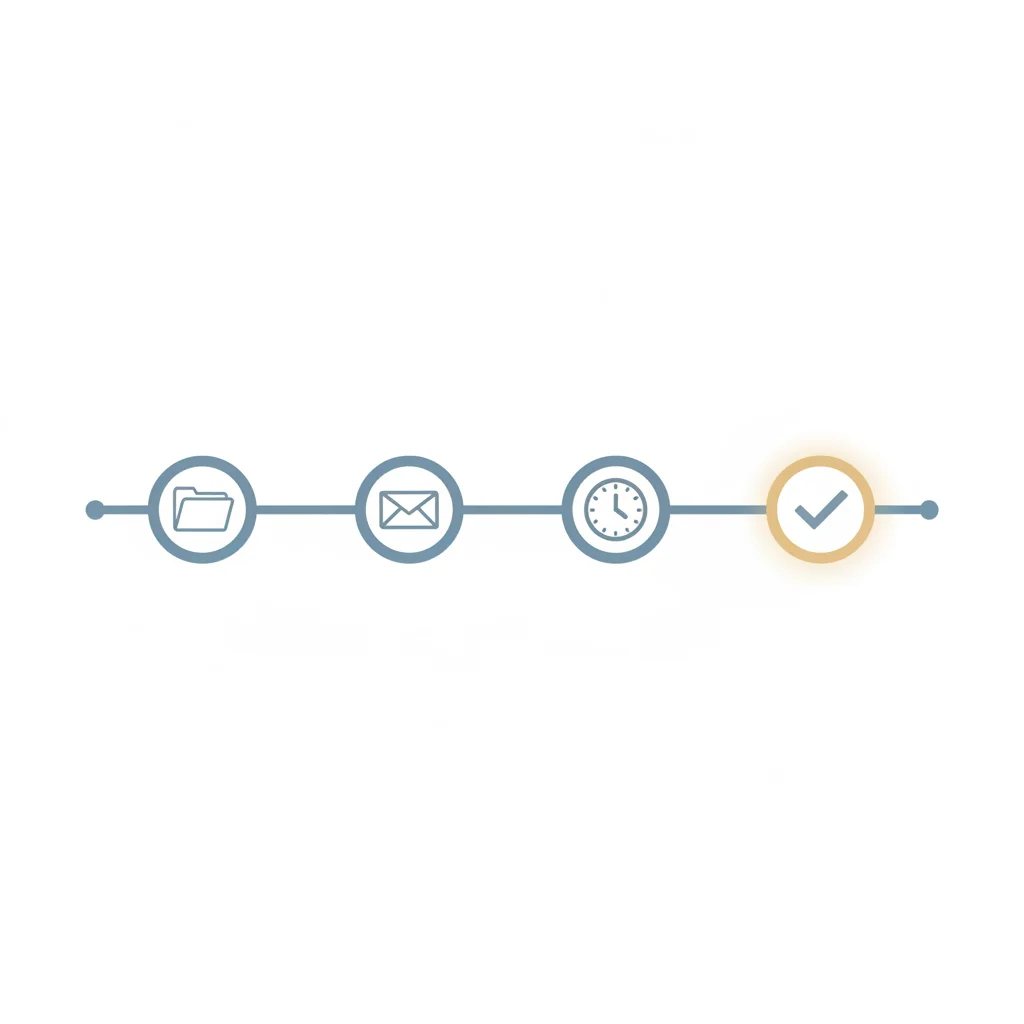Illustration of a four-step path with icons for a folder, an envelope, a clock and a checkmark — how an EU 261 claim works