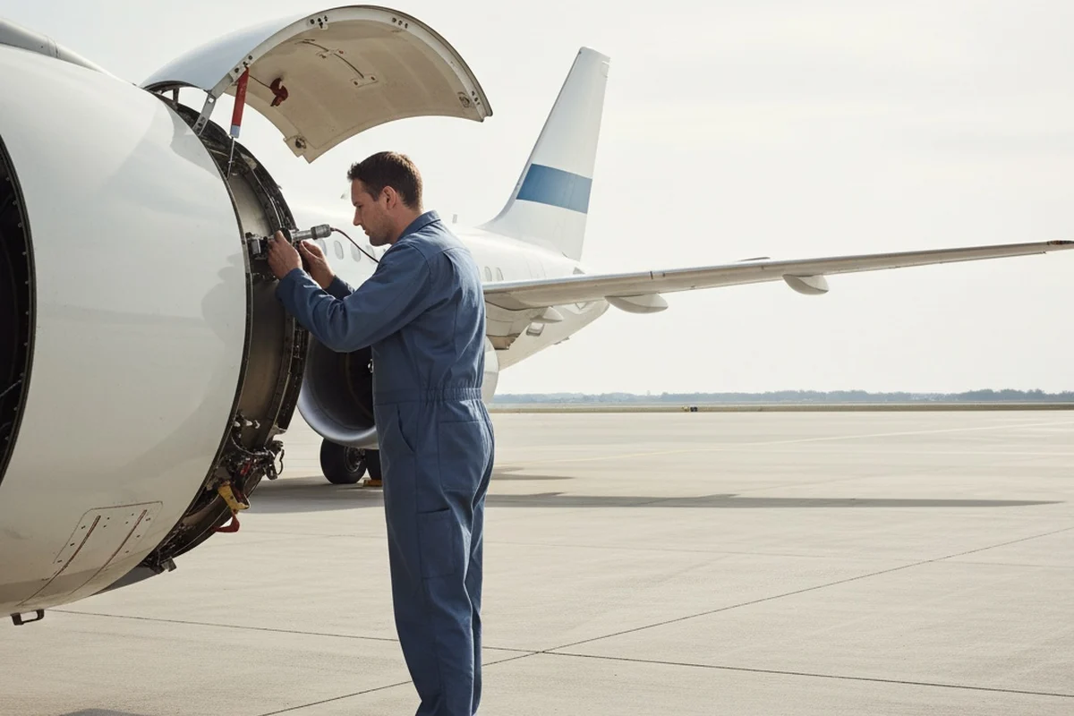 An aircraft technician inspecting a jet engine on the airport apron