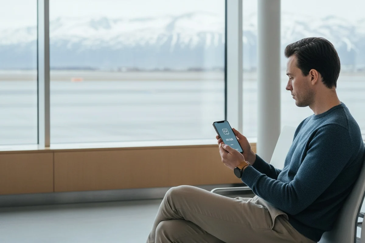 A traveller reading a delay notification on a phone at an airport gate