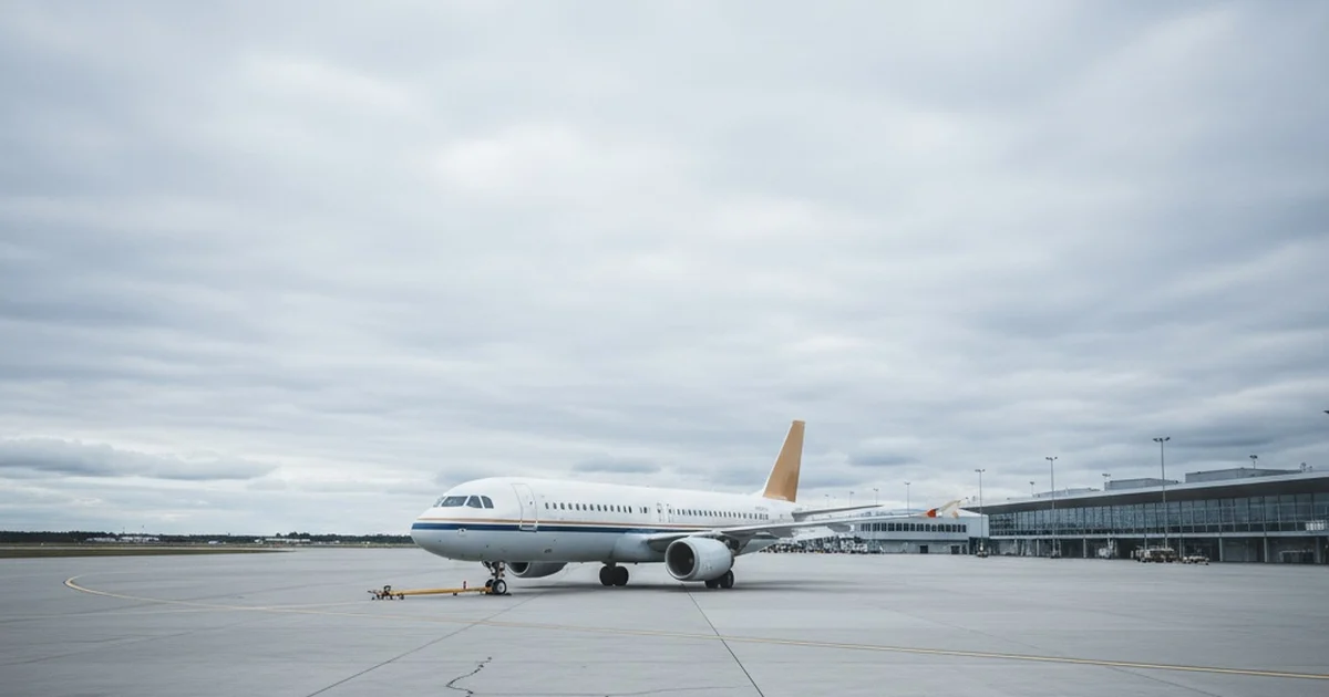 Ett stillastående passagerarflygplan på en tyst flygplatsplatta under en grå himmel