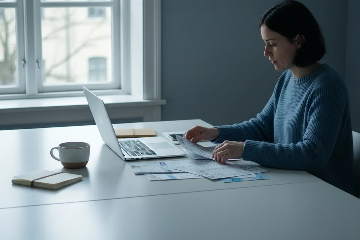 A person working alone at a bright desk, handling travel documents and a laptop methodically