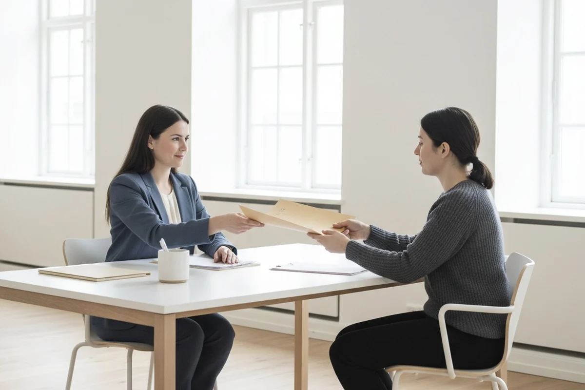Two people at an office table handing a document folder to one another, symbolising letting a service handle the claim