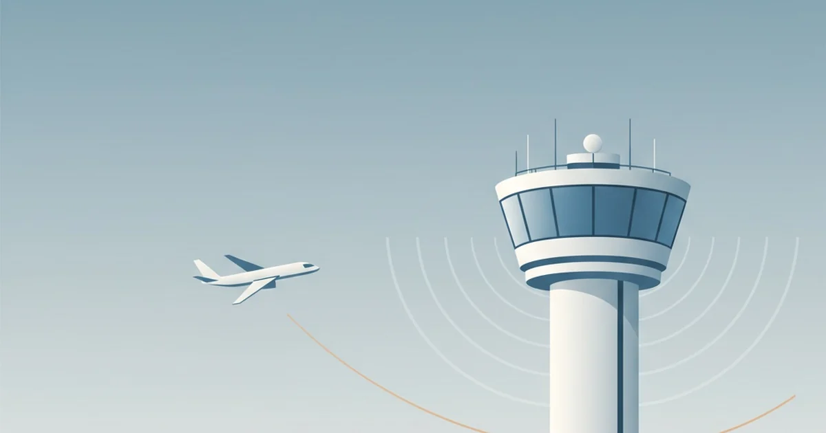 Minimalistisk illustration av ett flygledartorn med svaga radarbågar i en sval himmel och ett flygplan på inflygning.