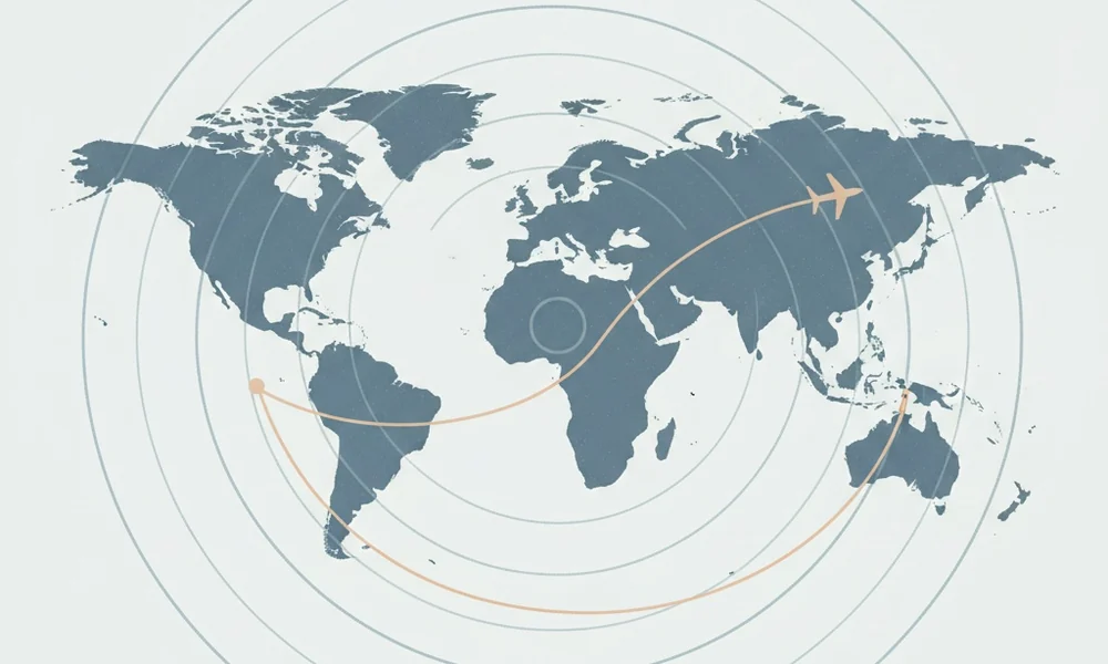 Stylised world map with concentric distance rings and a flight route — the distance bands that decide the size of the compensation.