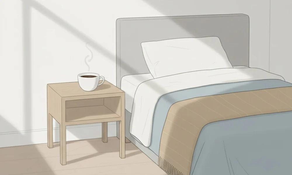 Illustration of a coffee cup on a bedside table next to a made hotel bed — the duty of care with meals and a hotel.