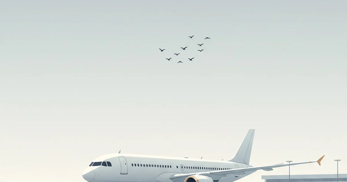 Editorial illustration av ett passagerarflygplan på flygplatsens platta med en liten fågelflock högt i en ljus, klar himmel.