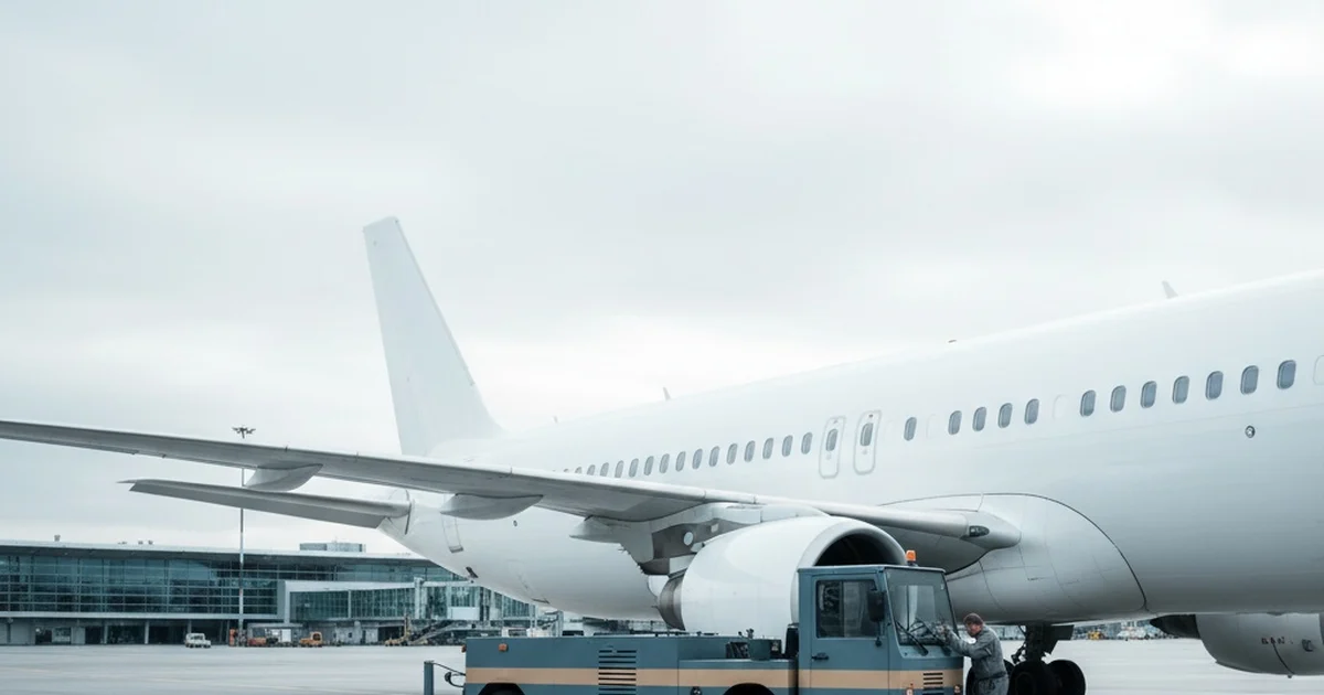 En flygtekniker arbetar vid ett flygplan med ett underhållsfordon intill vid gaten