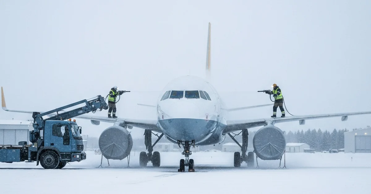 Ett flygplan avisas på en snötäckt flygplatsplatta i lätt snöfall