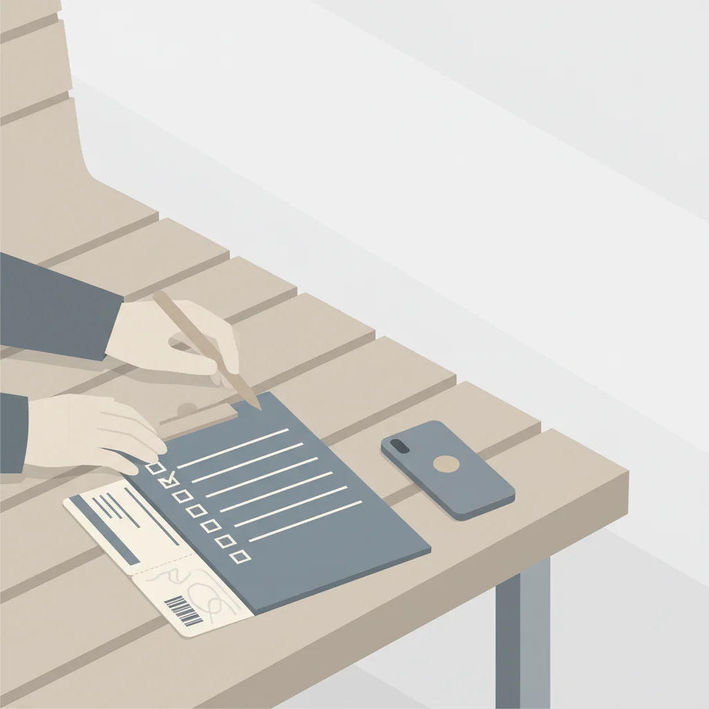 Illustration av en checklista för resenärer som står kvar på flygplatsen vid inställt flyg