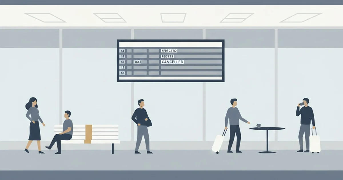 Illustration av en lugn flygplatsgate med ett inställt flyg på avgångstavlan — ersättning vid inställt flyg enligt EU 261