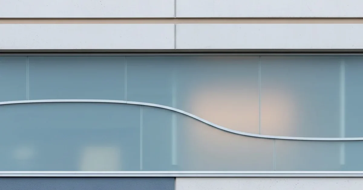 Lugn arkitekturdetalj av en modern skandinavisk byggnadsfasad i frostat glas och blekt betong, kyliga blågrå toner — Kravflygs integritetspolicy