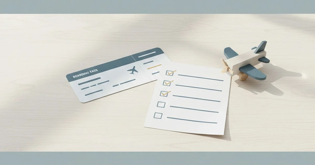 Illustration av ett boardingkort och en checklista med ikryssade rutor bredvid ett litet flygplan på en ljus bordsyta.