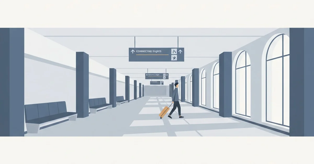 Illustration av en resenär i en transitkorridor med skyltar mot anslutningsflyg — ersättning vid missat anslutningsflyg