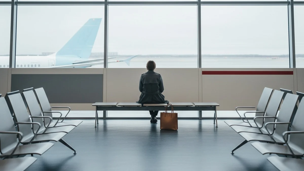 Ensam flygpassagerare sitter på en bänk vid en lugn flygplatsgate och blickar ut mot ett flygplan på plattan