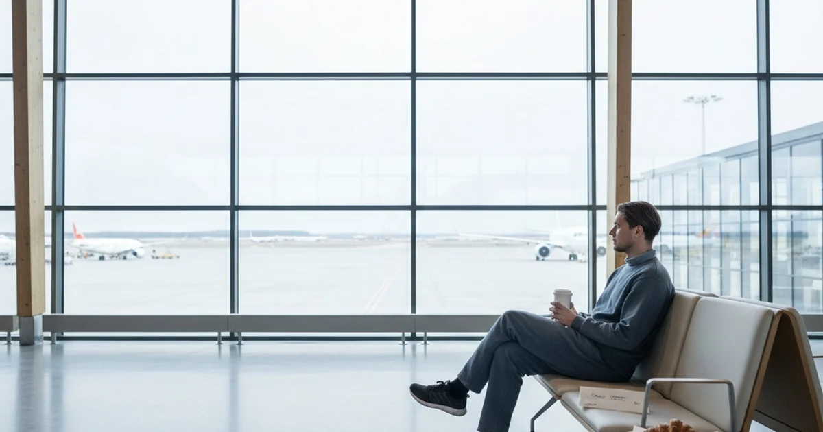 Resenär som väntar lugnt med en kaffemugg och måltidskupong i en ljus flygplatsterminal under en flygförsening