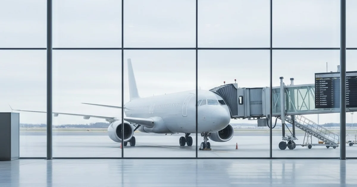 Ett passagerarflygplan vid gaten på en ljus skandinavisk flygplats — illustrativt för SAS försenat flyg och ersättning