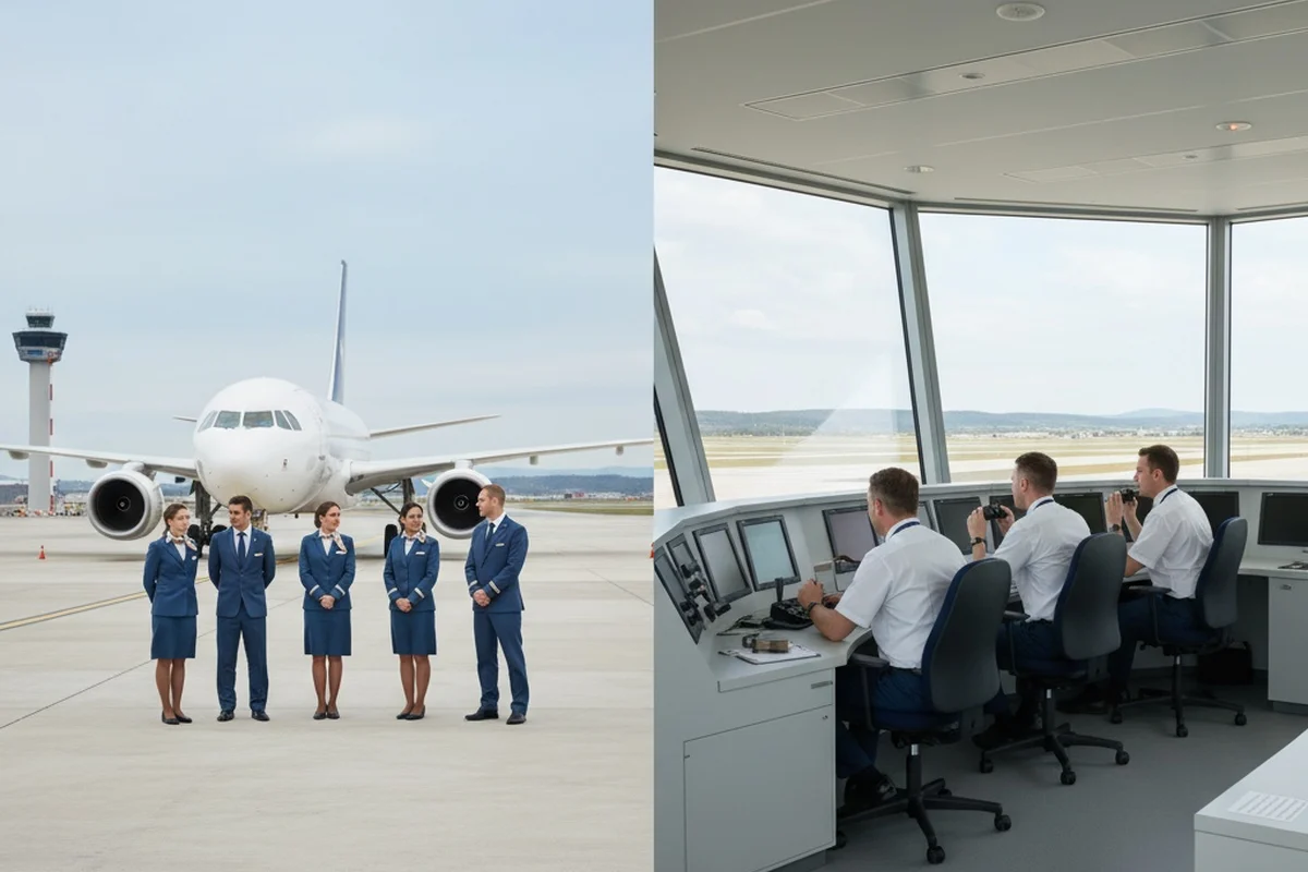 Cabin crew beside an aircraft compared with air traffic controllers in a control tower — who is striking decides