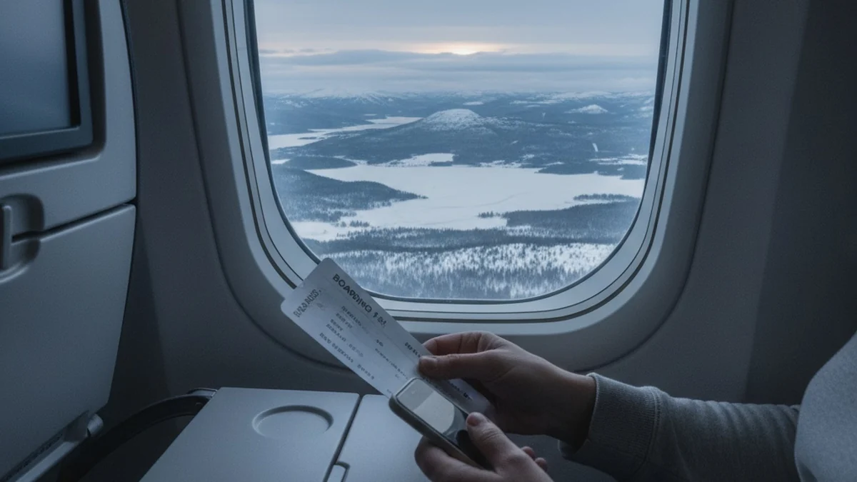 Vy genom ett flygplansfönster i gryningen över ett lugnt nordiskt landskap, med boardingkort och mobil på det fällda bordet