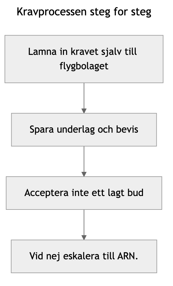 Diagram: Kravprocessen i fyra steg — från eget krav till eskalering hos ARN