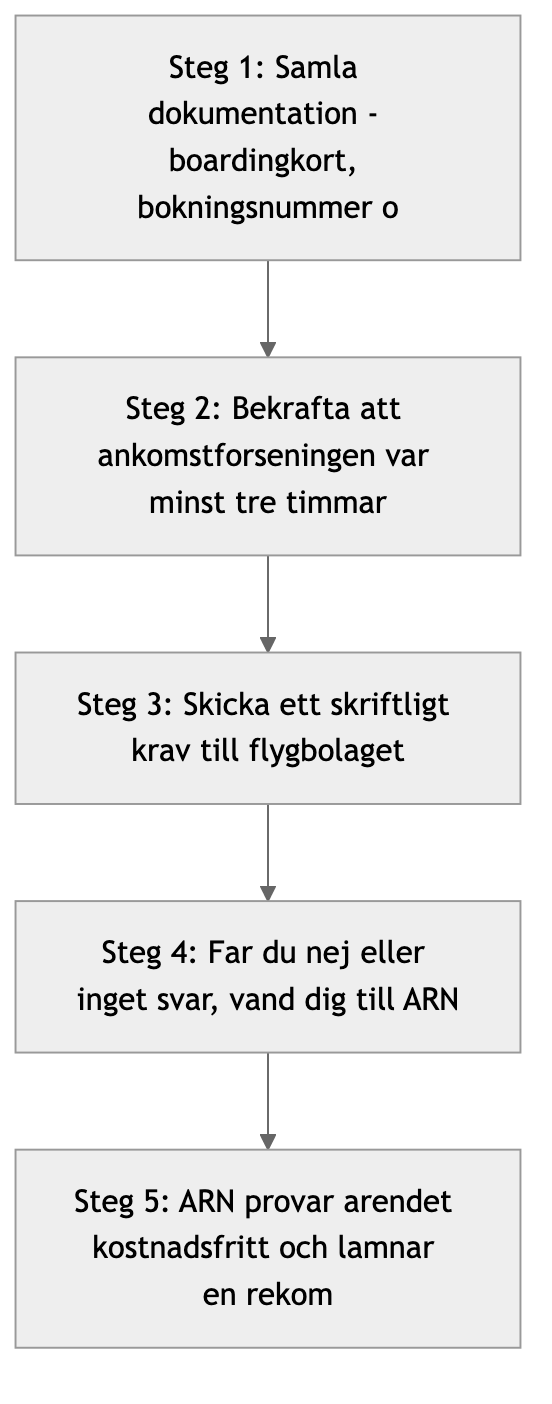 Femstegsflöde för att driva in flygersättning, från skriftligt krav till ARN.