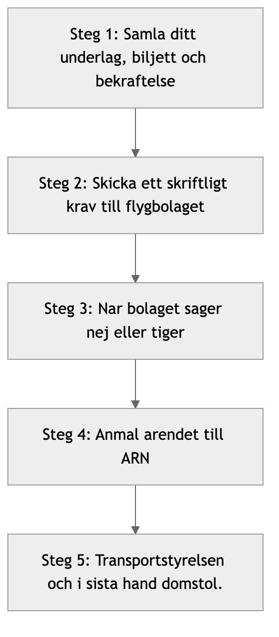 Beslutsflöde över kravprocessen i fem steg: underlag, skriftligt krav, avslag, ARN och domstol